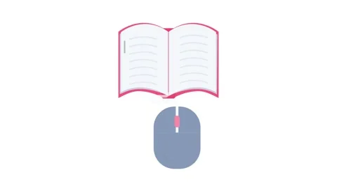 Open book with a computer mouse icon above it, symbolizing digital reading .. 스톡 동영상 332452808
