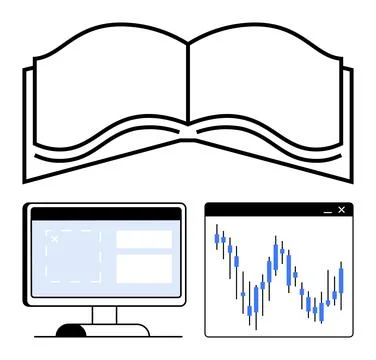 Open book, computer screen with application window, and analytics chart. Idea Stock Illustration