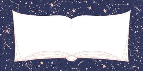 Open book with copy space, blue sky background with constellations. Universe Stock Illustration
