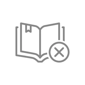 Open book with cross checkmark line icon. Book rejected, library symbol Stock Illustration