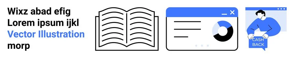 Open book, data analytics dashboard screen, person pointing to Cashback sign. Illustrazione stock