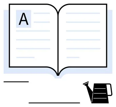 Open book displaying lined pages with highlighted letter, paired with waterin Stock Illustration