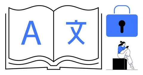 Open book displaying multilingual letters, secure lock symbol, person reading Stock Illustration