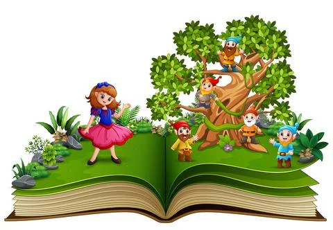 Open book with dwarf cartoon on the trees and the snow white Stock Illustration