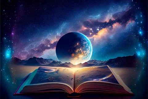 Open book on a earth under the night sky. Magical radiance. Stock Illustration