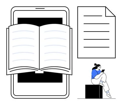 Open book emerging from tablet, document with text, and a person reading. Ide Stock Illustration