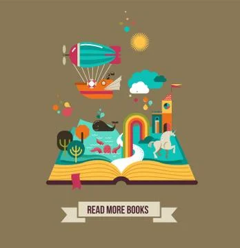 Open book with fairy tale elements and  icons Illustrazione stock