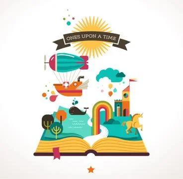 Open book with fairy tale elements and  icons イラスト素材