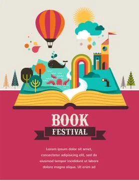 Open book with fairy tale elements and  icons Stock Illustration