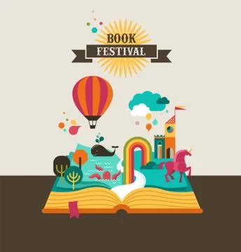 Open book with fairy tale elements and  icons Illustrazione stock