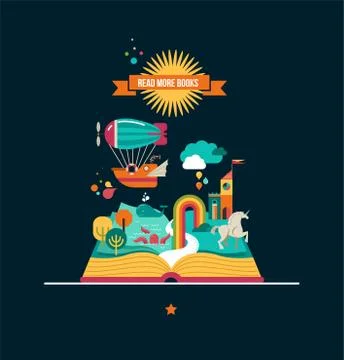 Open book with fairy tale elements and  icons Stock Illustration