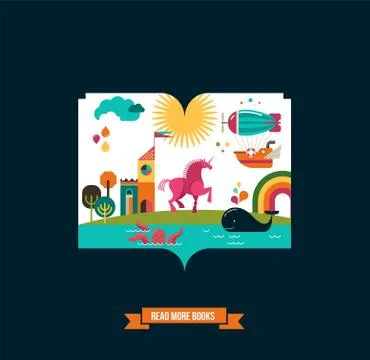 Open book with fairy tale elements and  icons Illustrazione stock