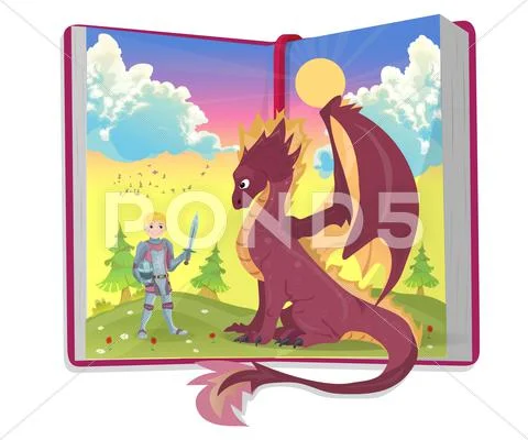 Open Book Of Fairytales With Knight And Dragon Illustration