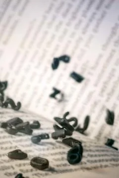 Open Book with Falling Black Letters  Knowledge and Education Concept Stock Photos