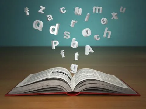 Open book with falling letters on green vintage background. Ilustración de archivo