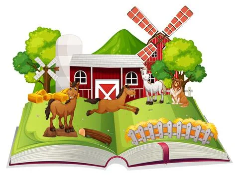 Open book farm theme on white background Stock Illustration