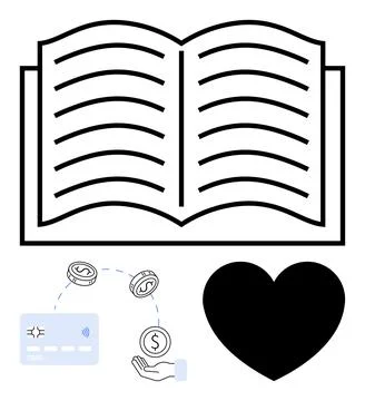 Open book with financial elements and heart symbol representing knowledge Illustrazione stock