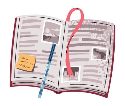 Open book in Flat Style on White Background with Attached Note and Pen. Textbook Illustrazione stock