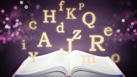 Open book with floating letters. 3D illustration Stock Illustration