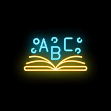 Open book with floating letters neon sign on black background Stock Illustration