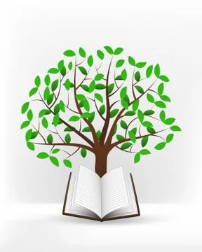 Open book in front of green leafy tree vector illustration Stock Illustration