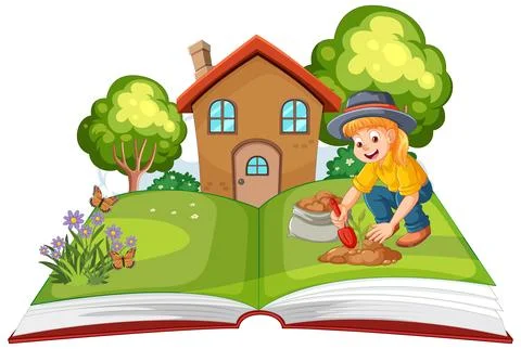 Open Book with Garden Scene Stock Illustration