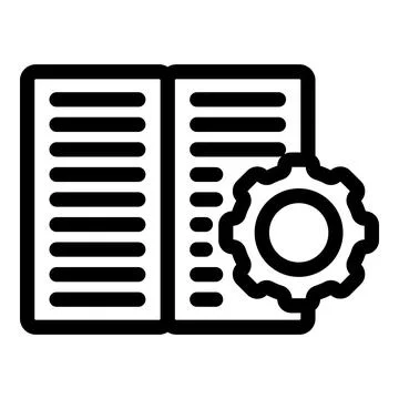 Open book with gear representing knowledge management icon Stock Illustration