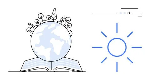 Open book with a globe adorned with plants, symbolizing global knowledge and  Stock Illustration