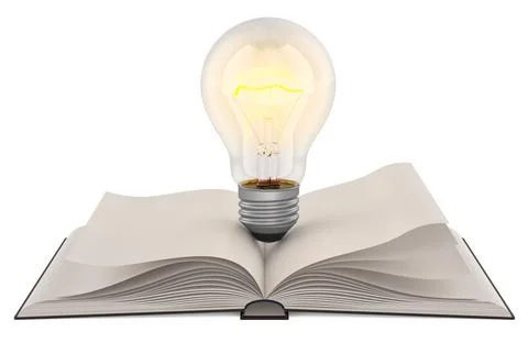 Open book with glowing light bulb, knowledge concept. 3d rendering Stock Illustration