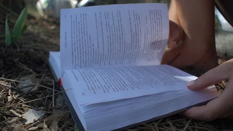 Open book on the grass. on the ground. hand turns the page of a book Stock-Footage 113273952
