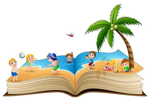 Open book with group of children playing on tropical beach Stock Illustration