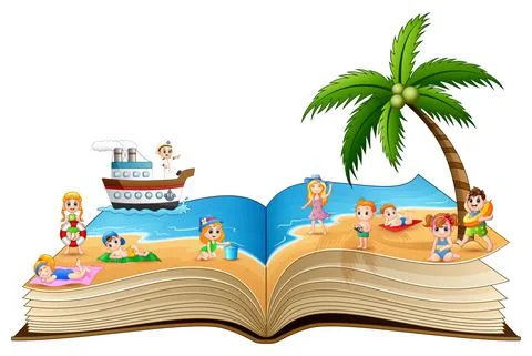 Open book with group of children playing on tropical beach Stock Illustration
