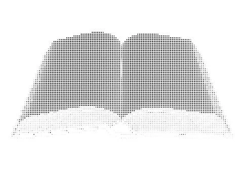 Open book halftone icon with stippled effect in black and white silhouette. Stock Illustration