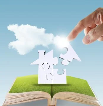 Open book of hand complete puzzle home Stock Illustration