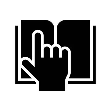 Open book with hand pointing, solid style icon 스톡 일러스트