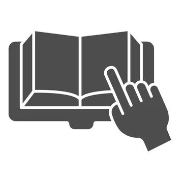 Open book with hand pointing solid icon, education concept, finger point at book 스톡 일러스트