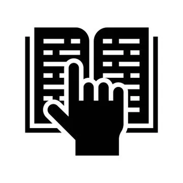 Open book with hand pointing vector illustration, solid style icon Stock Illustration