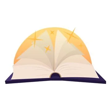 An open book icon with blank pages on a yellow round background with glitter. Stock Illustration