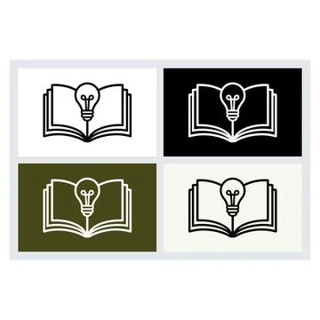 Open book icon with a light bulb symbol in four different color variations Stock Illustration