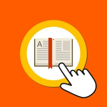 Open book icon. Reading, library concept. Hand Mouse Cursor Clicks the Button Stock Illustration