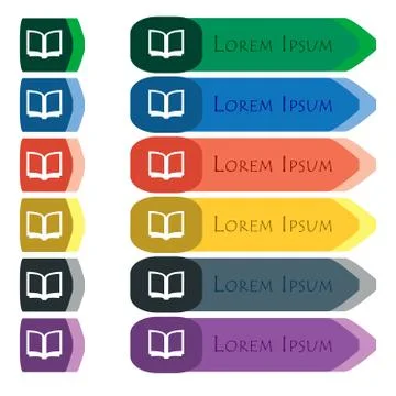 Open book  icon sign. Set of colorful, bright long buttons with additional sm 스톡 일러스트