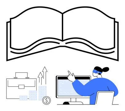 Open book icon symbolizing knowledge, businessperson with VR headset at compu 스톡 일러스트