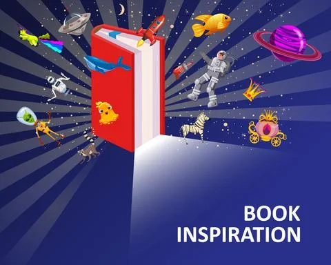 Open Book Imagination concept background. Inspiration reading book with fantasy Illustrazione stock