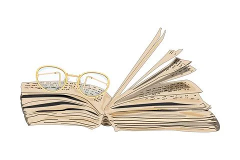 Open book isolated on white background. Eyeglasses on open book. Stock Illustration