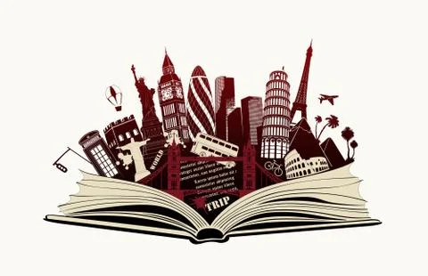 Open book with landmarks to world Stock Illustration