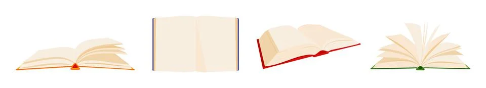 Open book large thick many old page paper flat set Stock Illustration