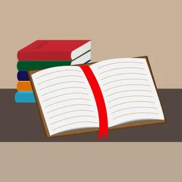 An open book is leaning against a stack of books. Stock Illustration