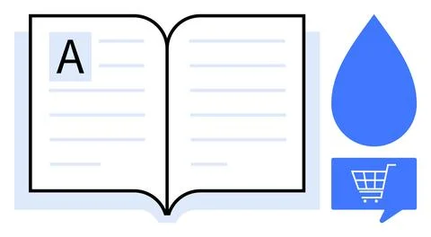 Open book with letter A on left page, blue droplet, and blue shopping cart in Stock Illustration