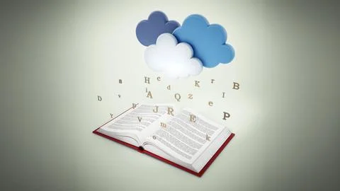 Open book with letters dropping out of the clouds. 3D illustration Stock Illustration