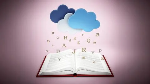 Open book with letters dropping out of the clouds. 3D illustration Stock Illustration